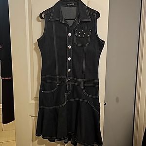 Shorty Designer Blue Jean Dress, Sz L, Silvertone Snap Closure, Side & Bk Pocket